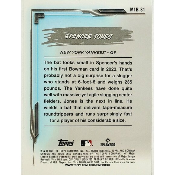 SPENCER JONES ROOKIE "MY 1ST BOWMAN" MOJO REFRACTOR 2024 BOWMAN CHROME #MIB31 - Picture 2 of 3
